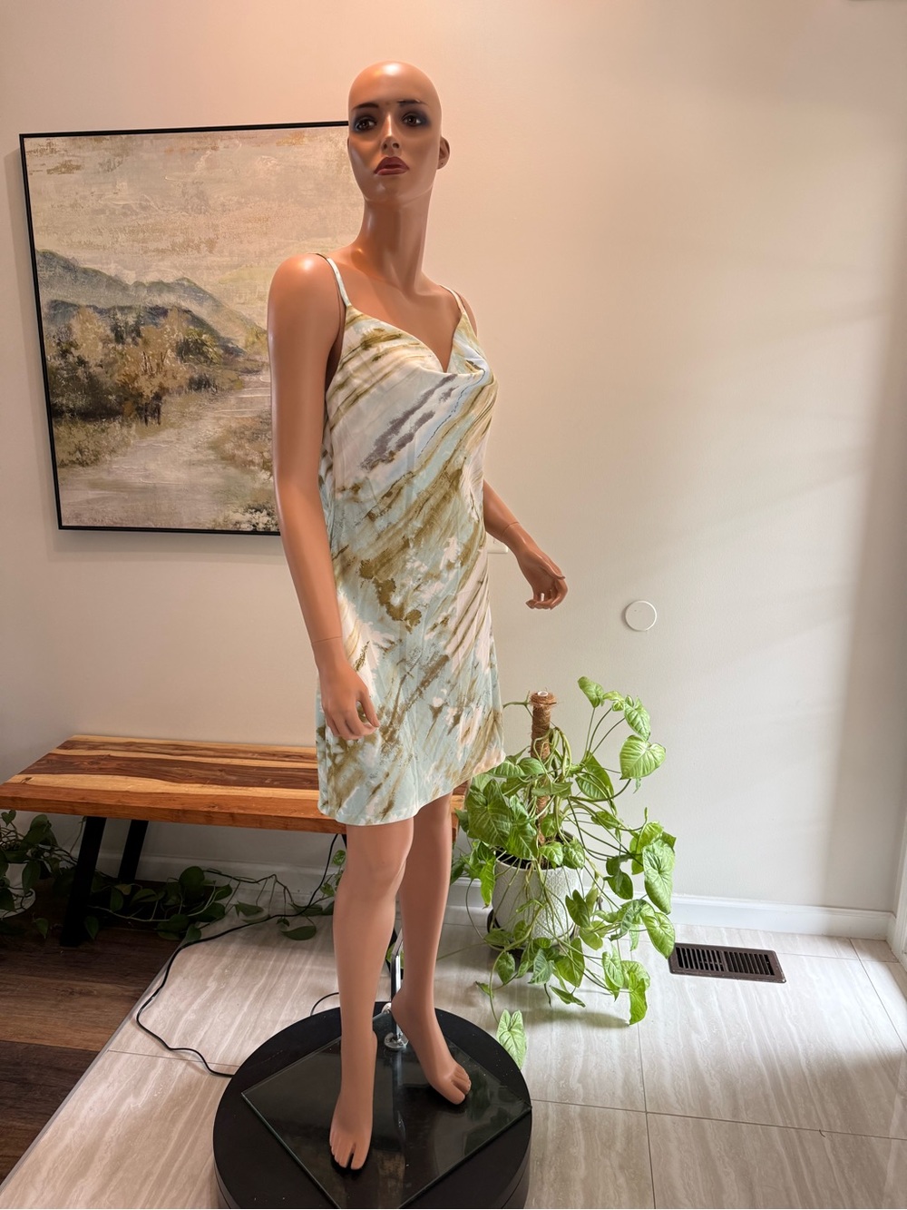 Drape Neck short Dress in blue Olive Marble Print Medium spaghetti straps tag L